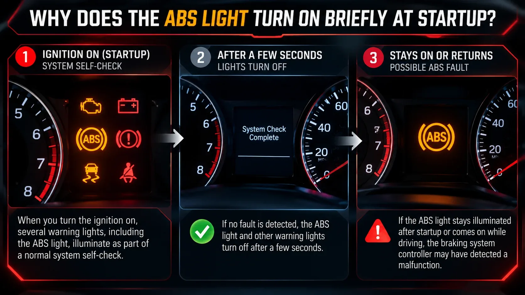 ABS dashboard warning light during vehicle startup self check