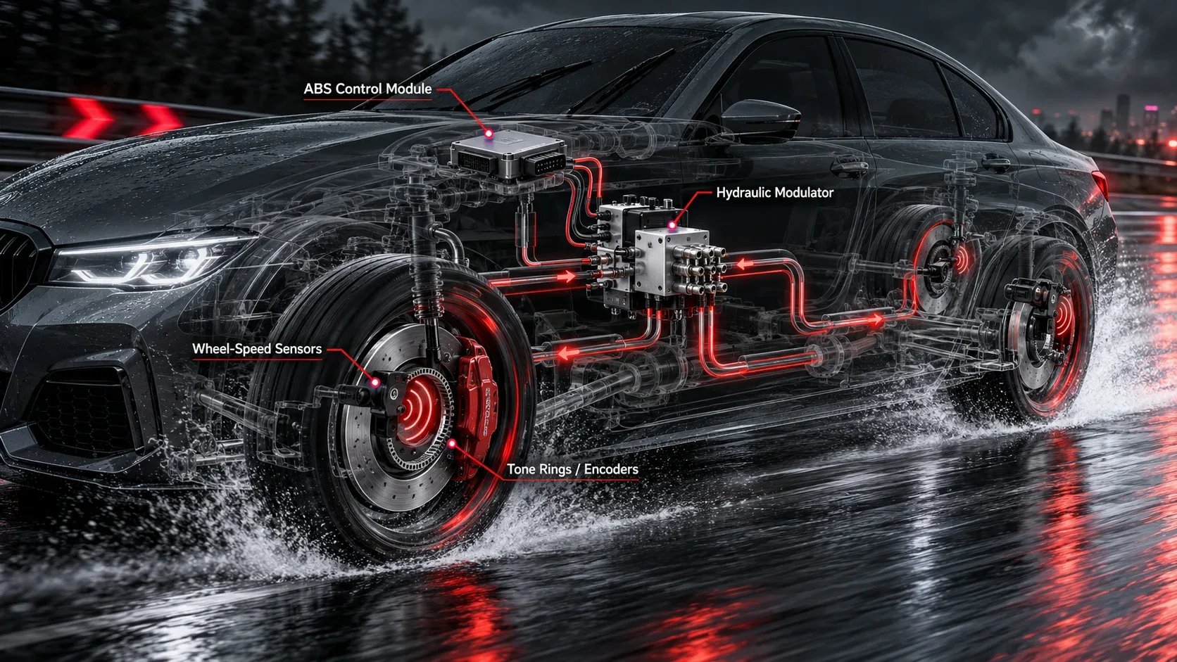 Anti lock braking system components including sensors control module hydraulic modulator and tone ring