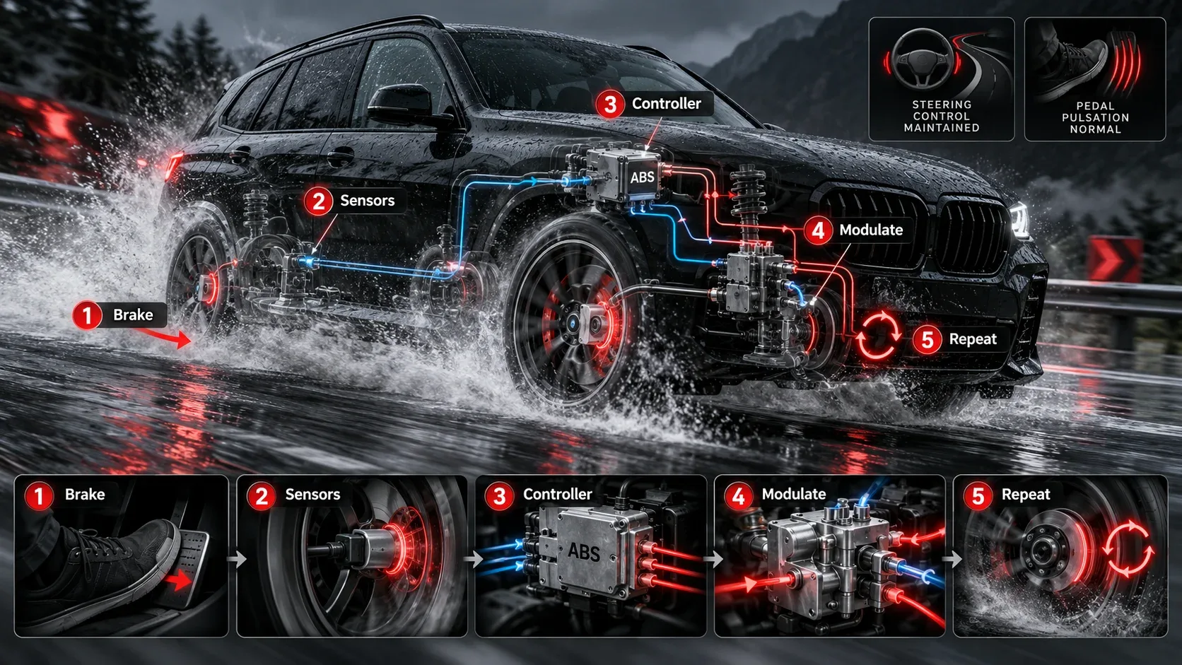 How anti lock ABS works during emergency braking on a wet road