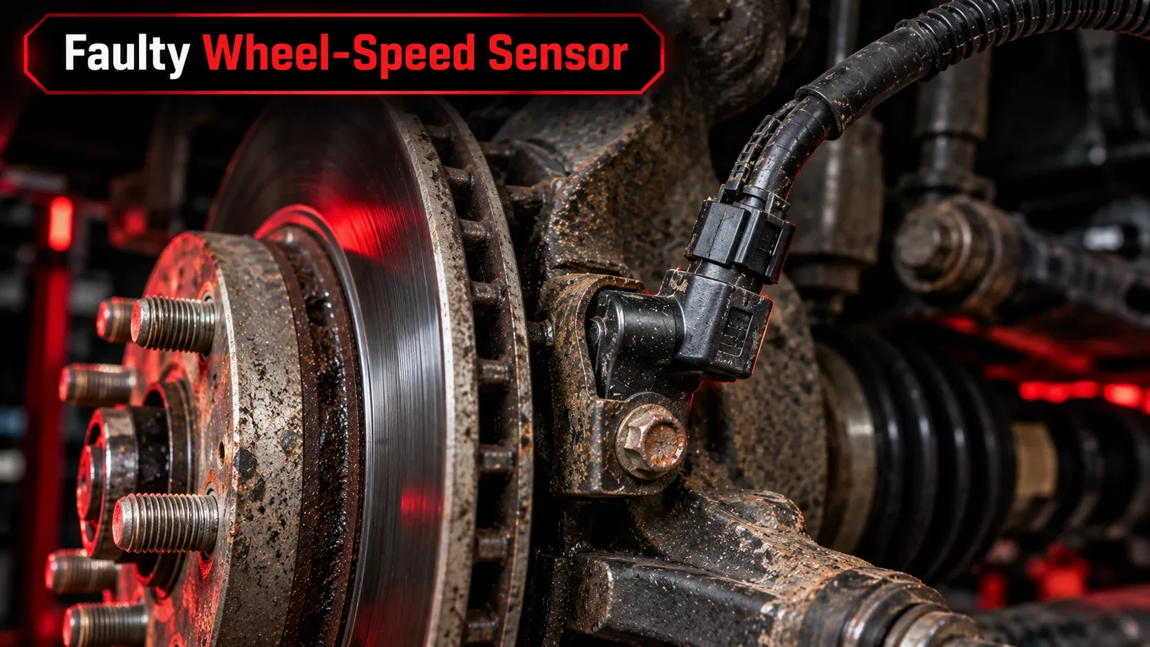 Faulty ABS wheel speed sensor located near the brake rotor and wheel hub
