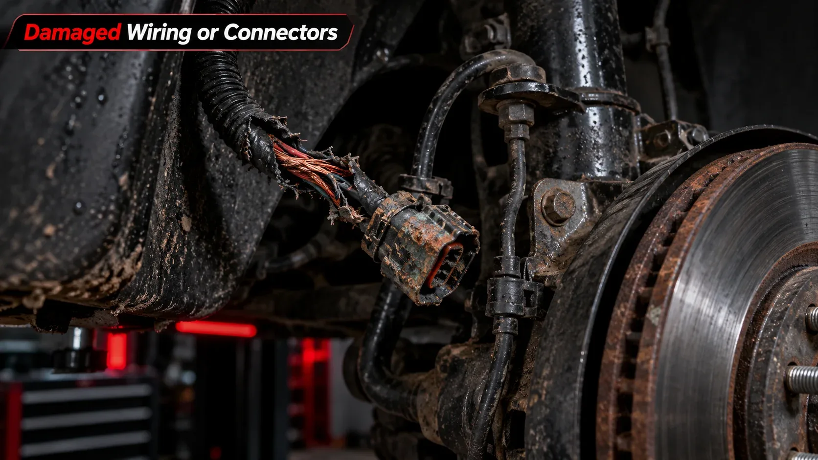 Damaged ABS wheel sensor wiring with exposed wires and corroded electrical connector