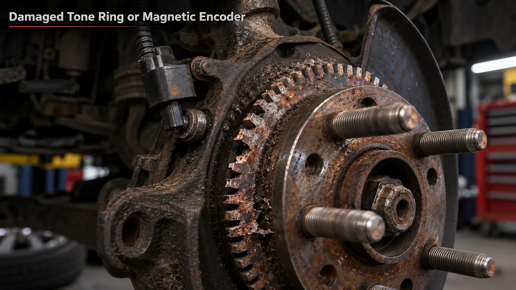 Corroded and damaged ABS tone ring near an automotive wheel hub