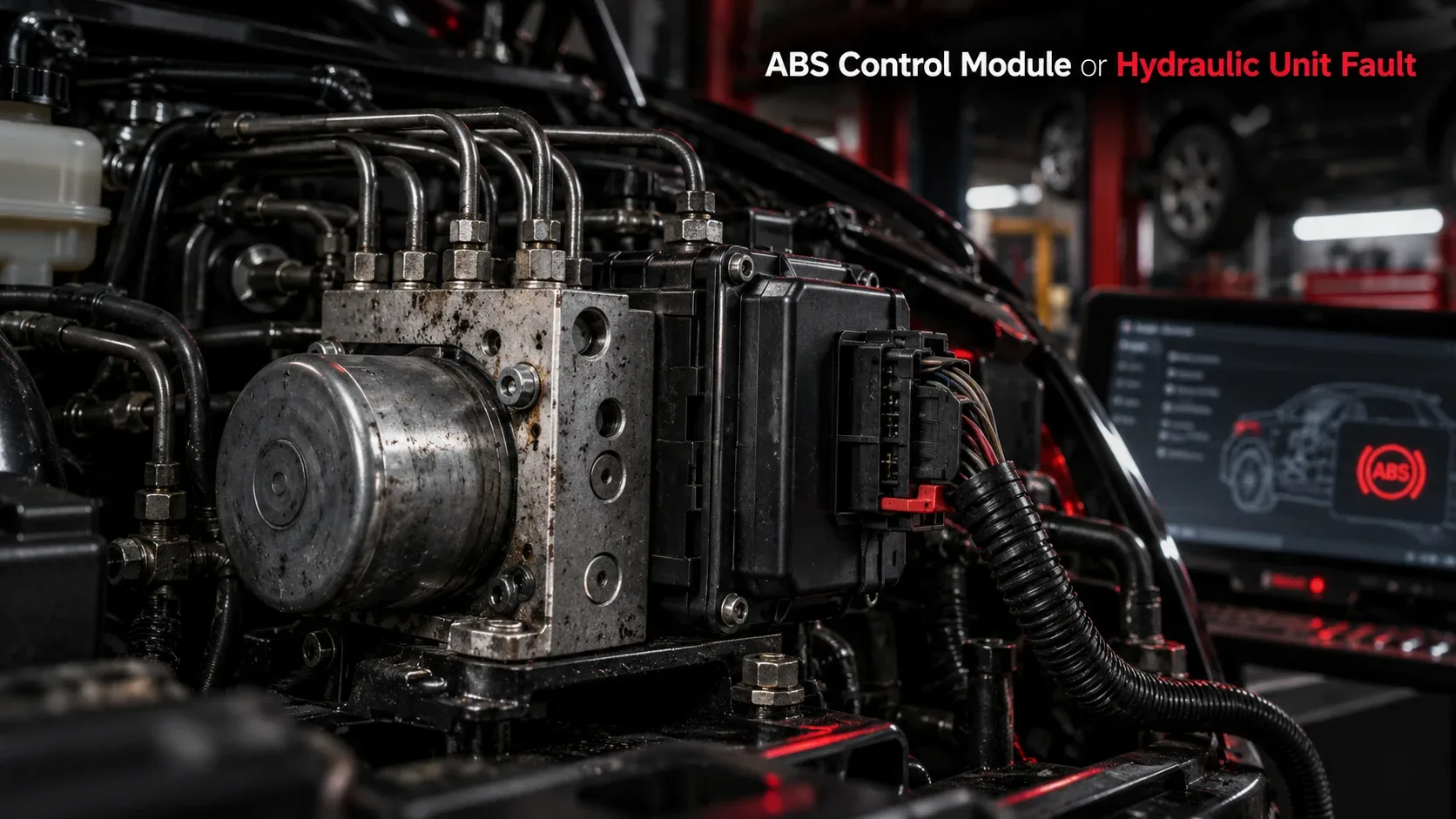 ABS control module and hydraulic brake unit showing brake pipes and electronic connections