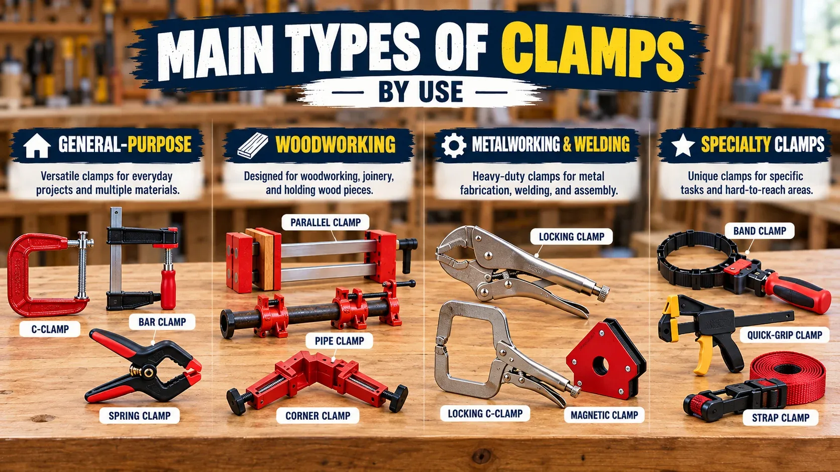 Main types of clamps by use for general purpose woodworking metalworking welding and specialty work