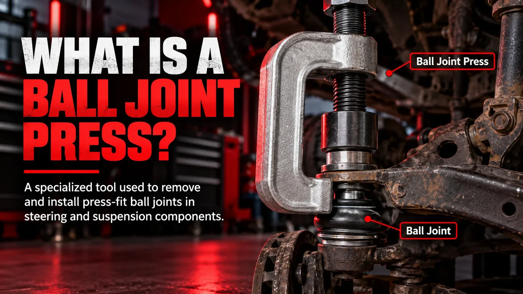 What is a ball joint press showing the C-frame tool and suspension ball joint