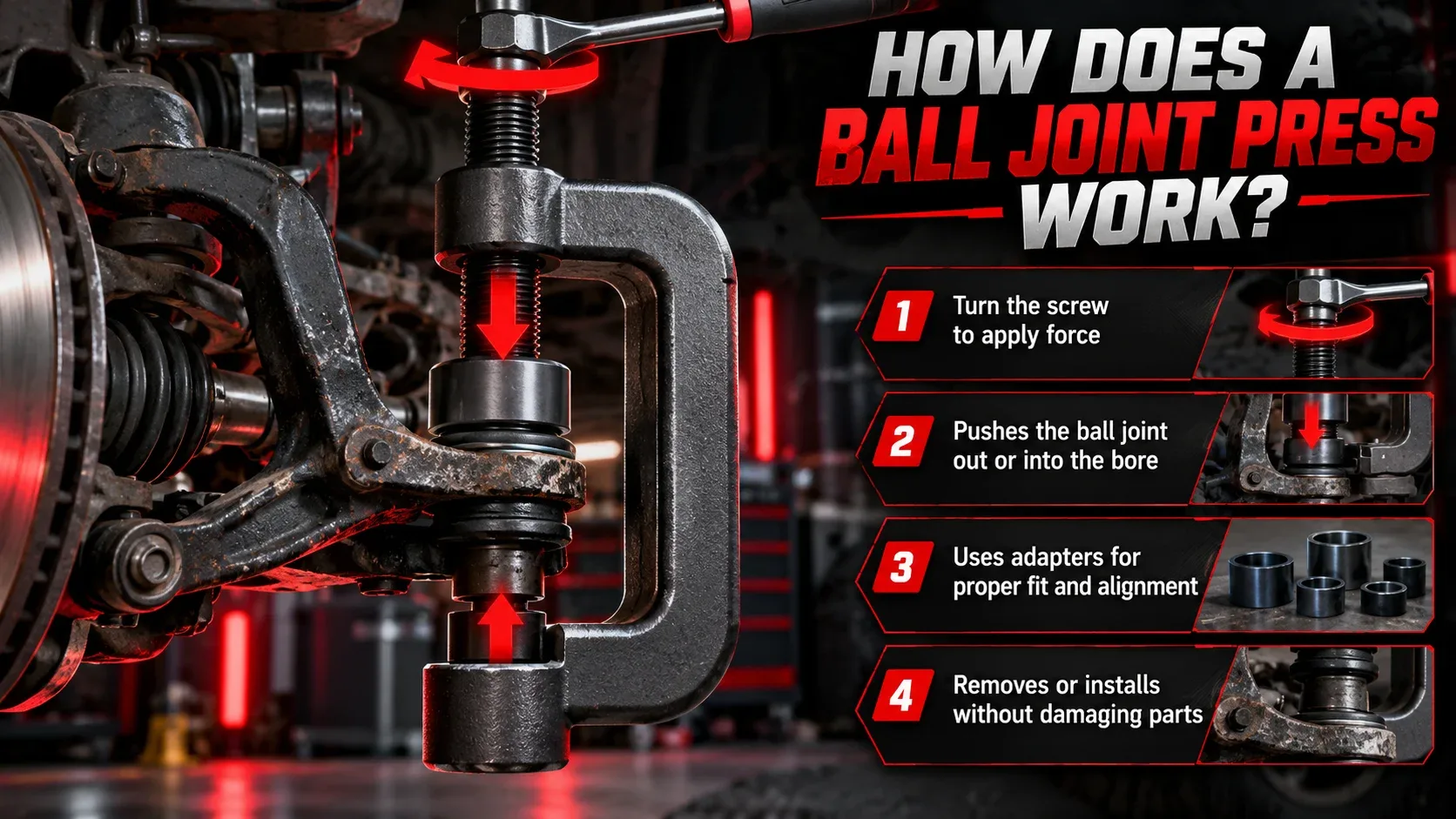 How a ball joint press works using a forcing screw and pressing adapters