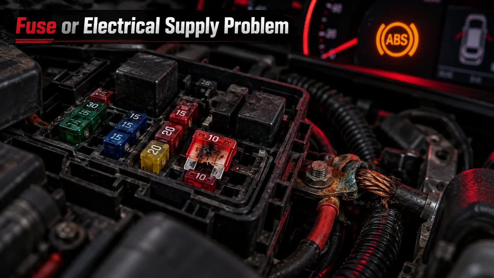 Automotive fuse box with blown fuse and electrical supply fault linked to ABS warning