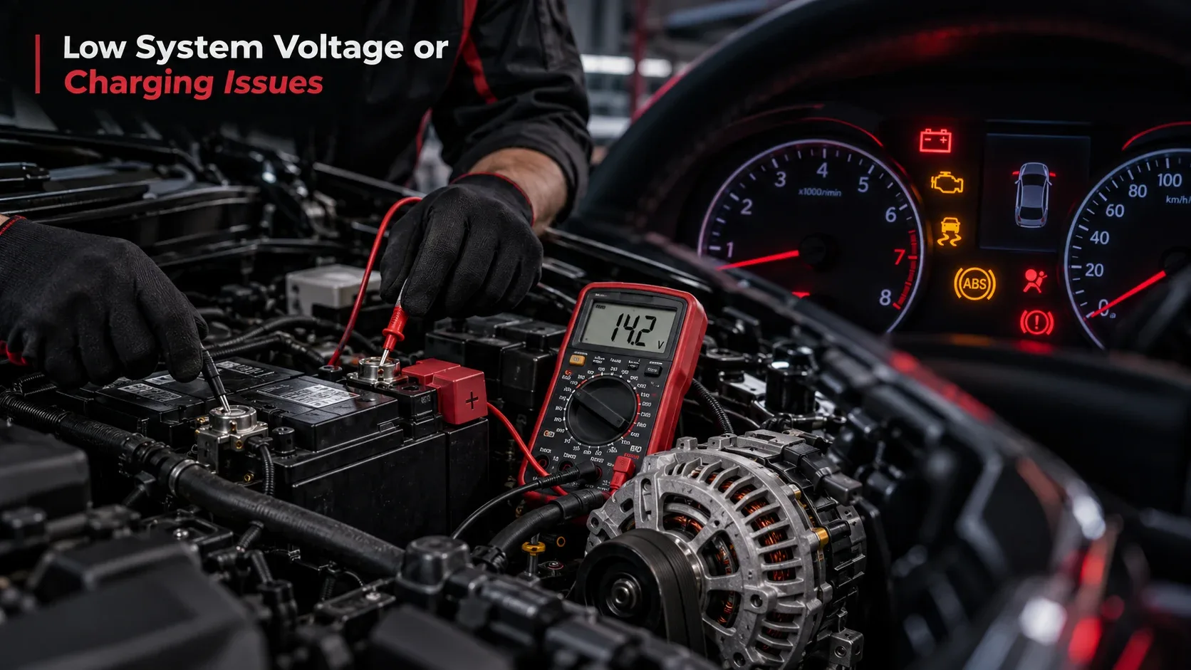 Mechanic testing car battery charging voltage and alternator with a multimeter