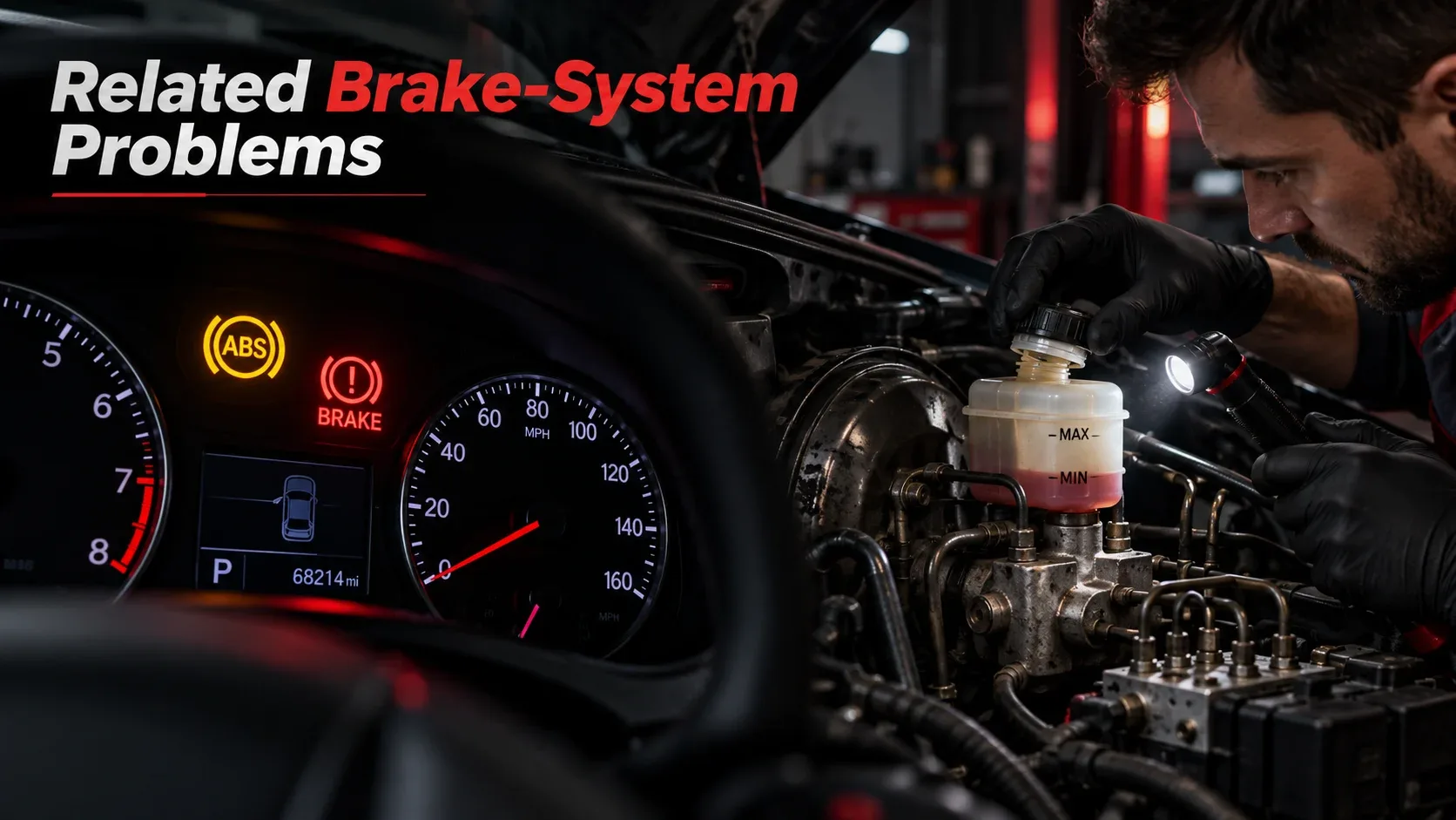 Technician inspecting brake fluid level and red brake warning light