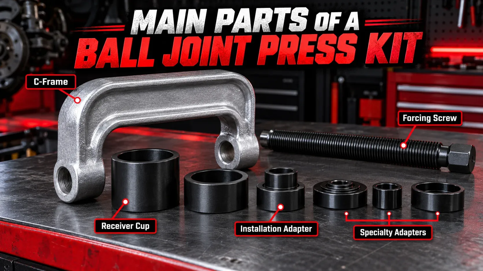 Main parts of a ball joint press kit including C-frame, forcing screw, receiver cup, and adapters