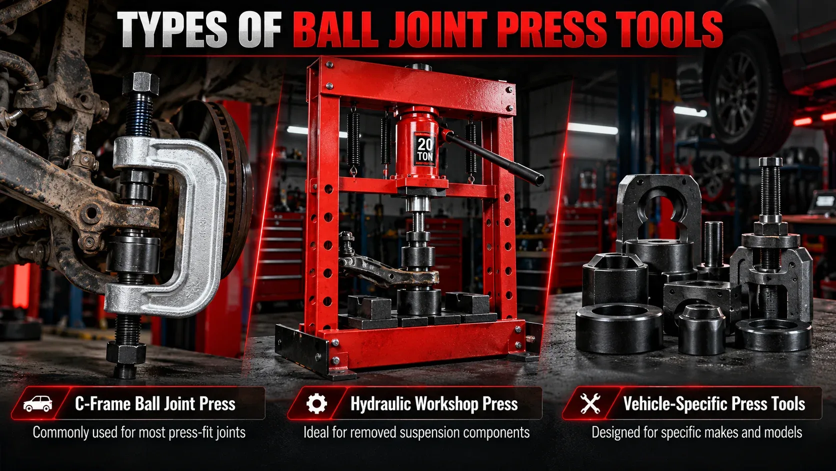 Types of ball joint press tools including C-frame, hydraulic workshop press, and vehicle-specific tools