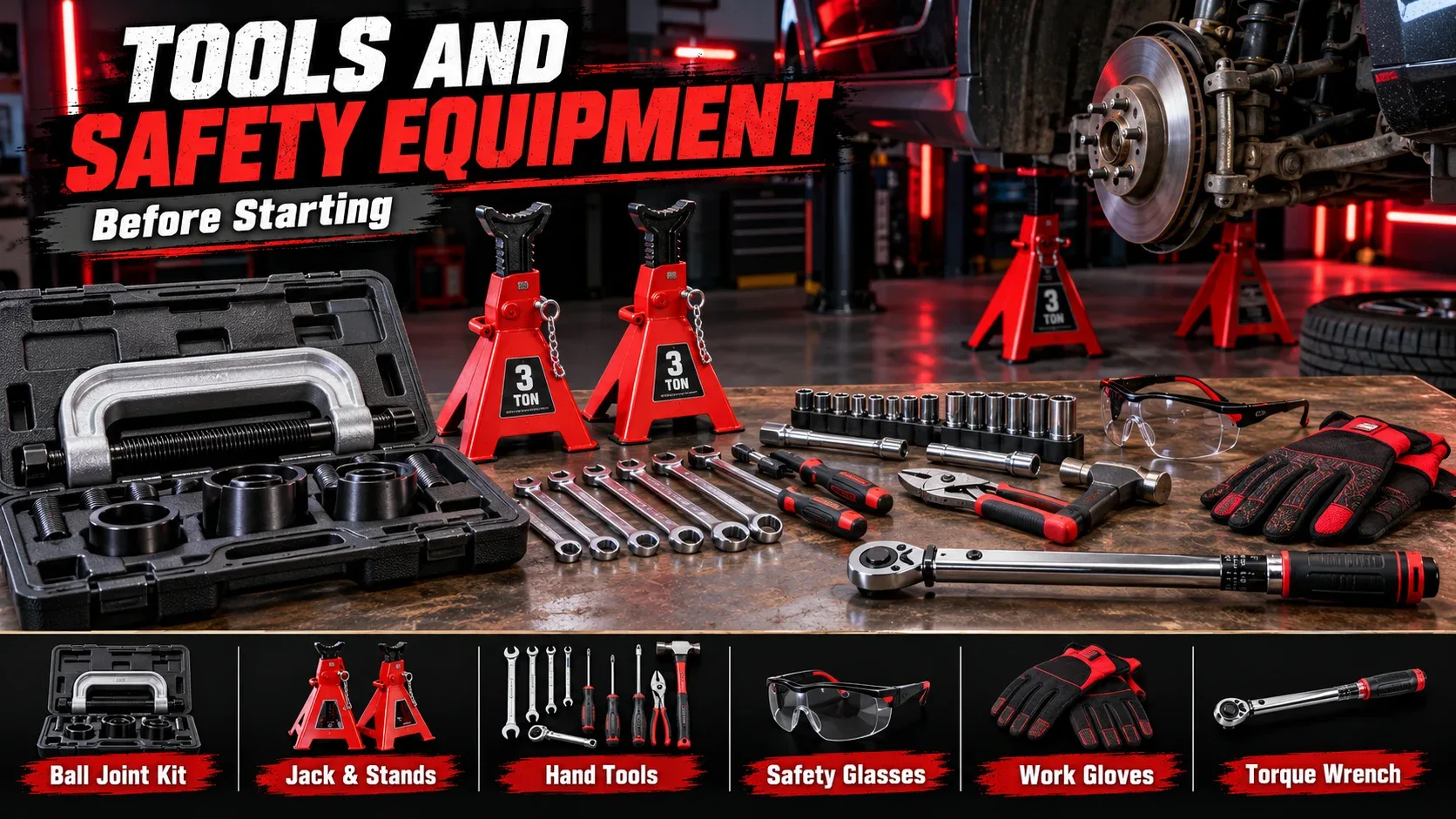 Tools and safety equipment needed before using a ball joint press