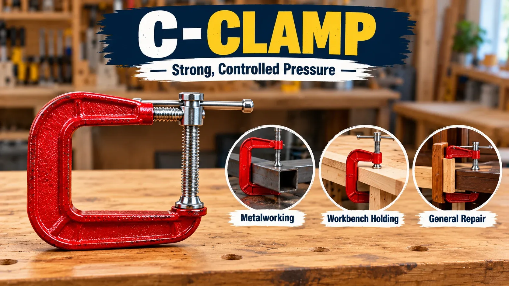 C clamp used for strong controlled pressure in metalworking workbench holding and general repair