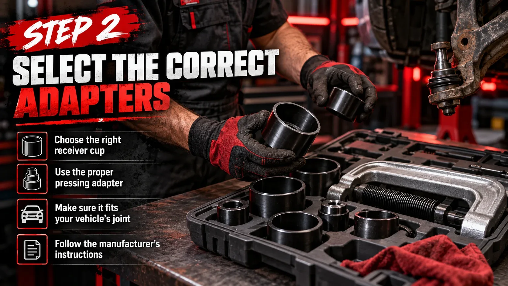 Step 2 select the correct receiver cup and ball joint press adapters