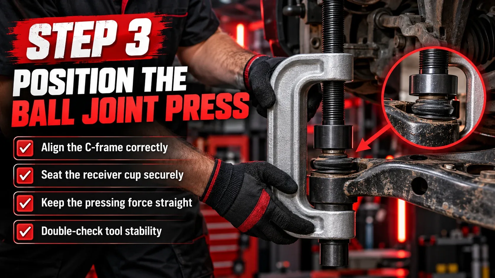 Step 3 correctly position and align the ball joint press around the suspension joint