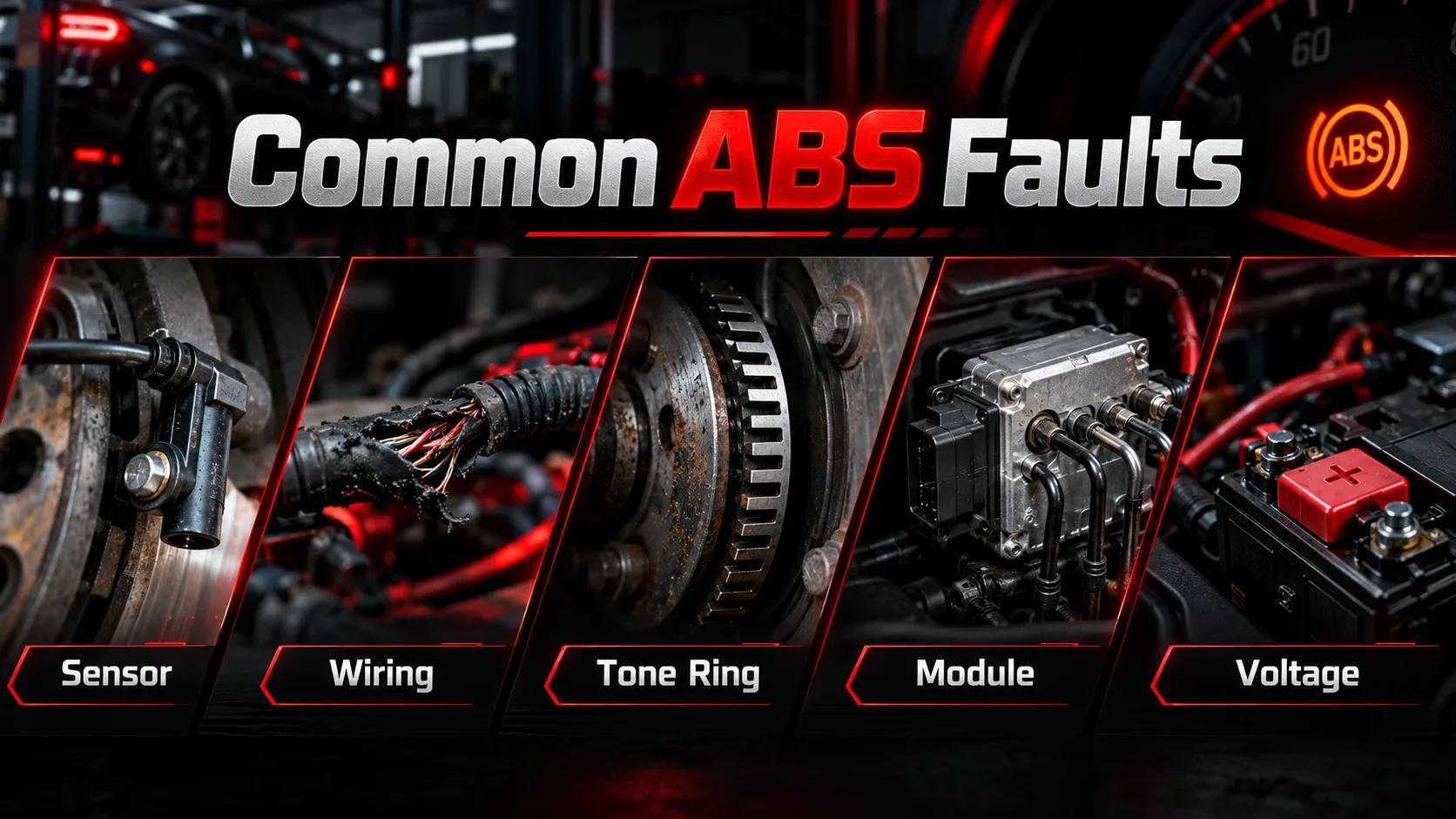 Common ABS faults showing wheel speed sensor wiring tone ring module and voltage supply