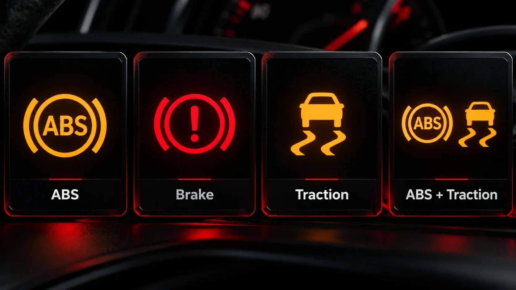 ABS brake warning traction control and combined dashboard warning light symbols