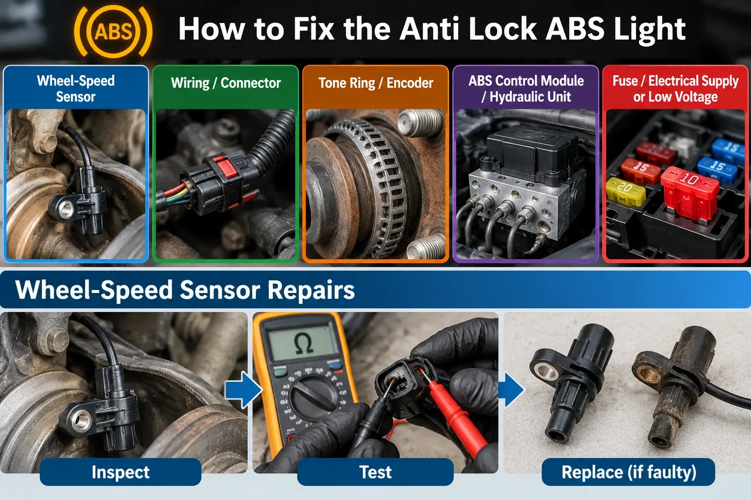 Mechanic checking and replacing an ABS wheel speed sensor at a brake assembly