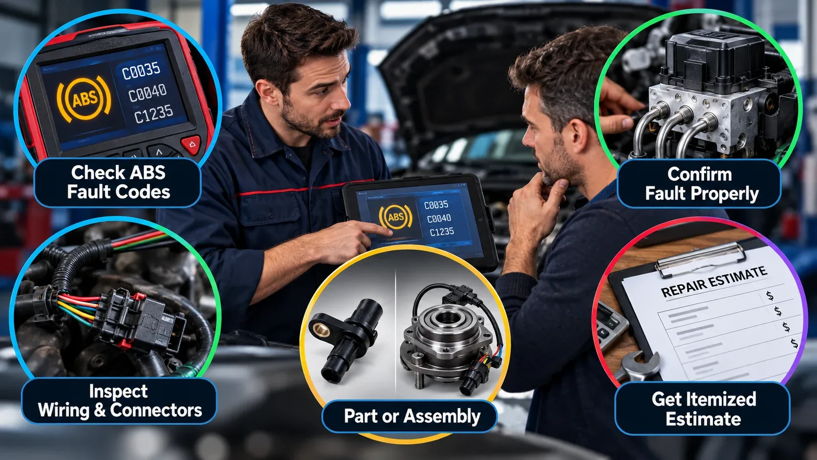 Mechanic discussing ABS fault codes and itemized repair estimate with car owner