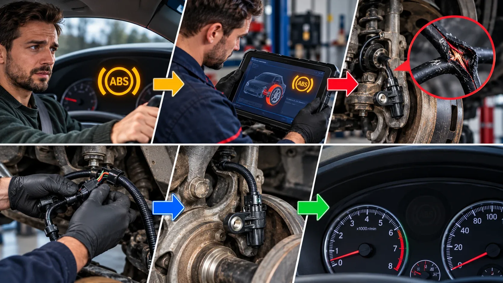 Illustrative ABS troubleshooting example with scanner wheel sensor wiring repair and verification