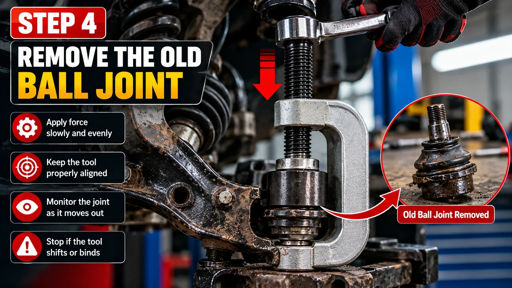 Using a ball joint press to remove the old press-fit ball joint
