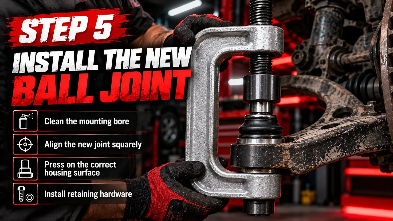 Installing a new ball joint with a correctly aligned C-frame press