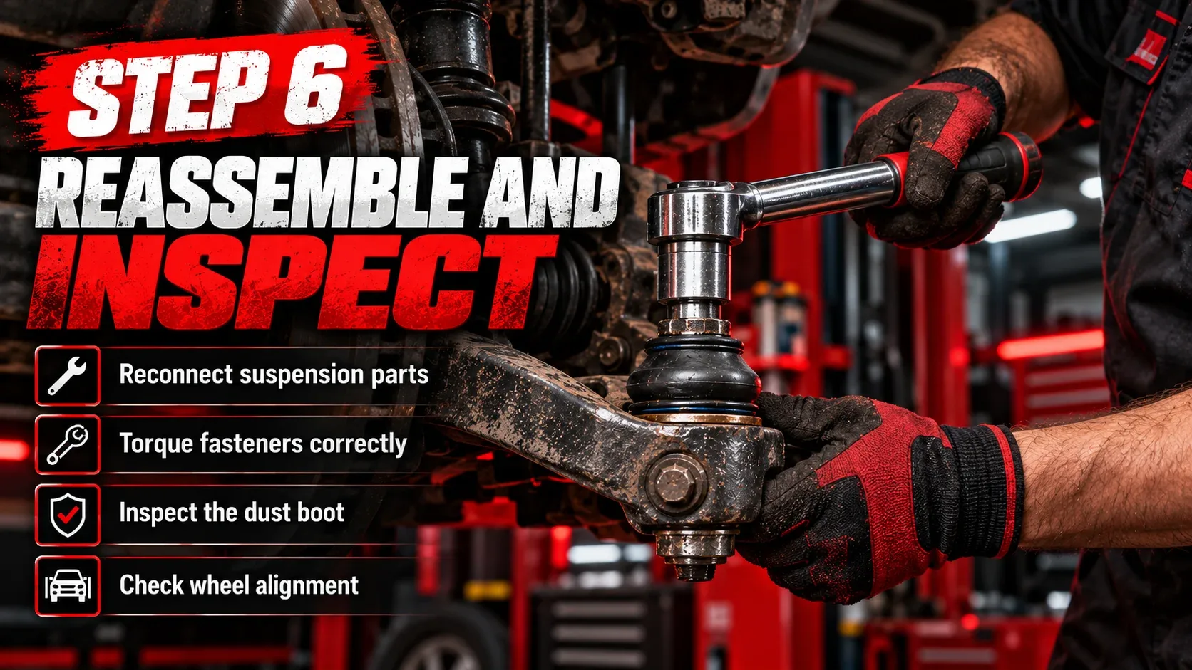 Reassembling suspension components and inspecting the installed ball joint