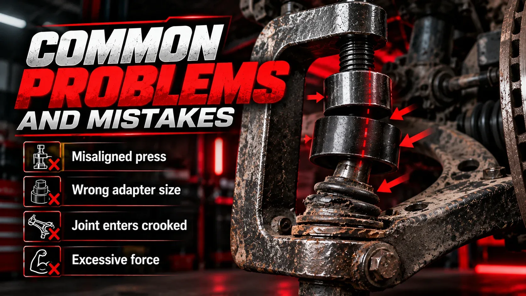 Common ball joint press problems including misalignment and incorrect adapters