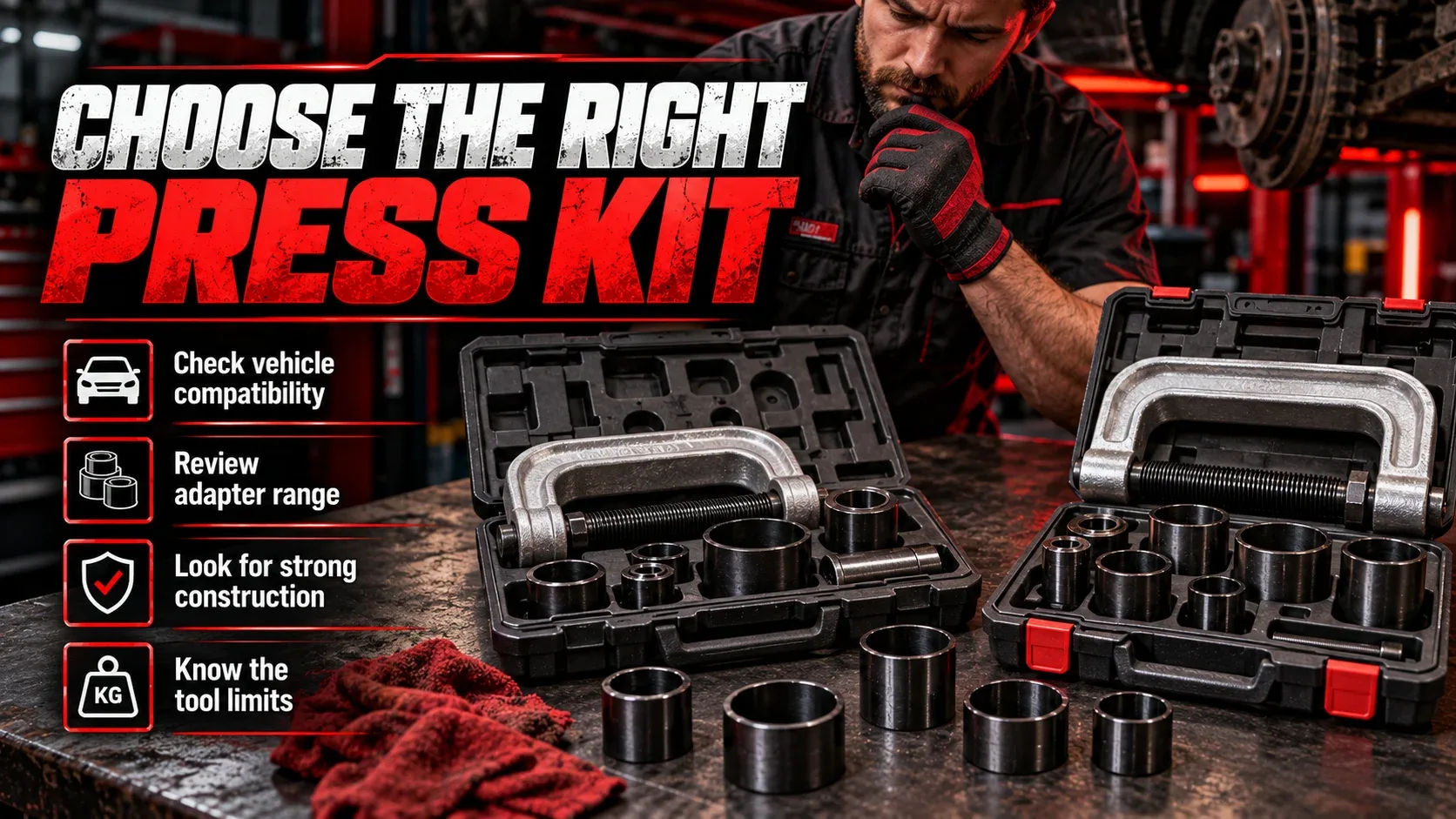 Selecting a ball joint press kit by vehicle compatibility and adapters