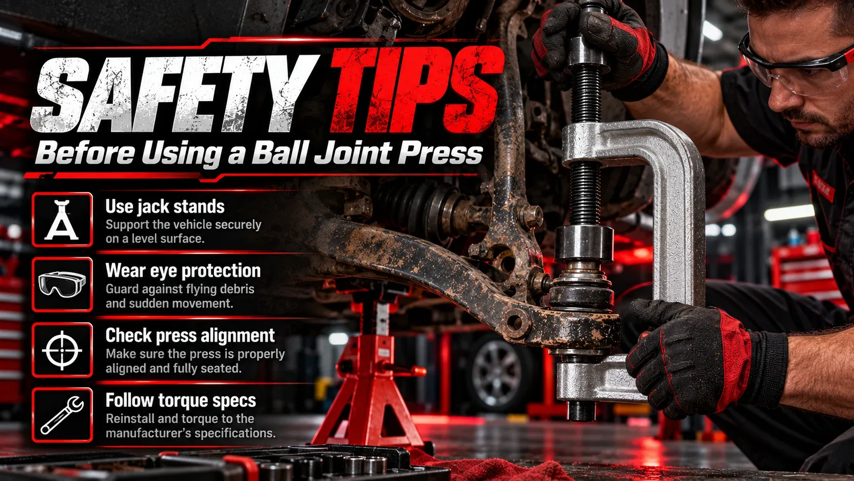 Ball joint press safety precautions with protective eyewear and correct tool alignment