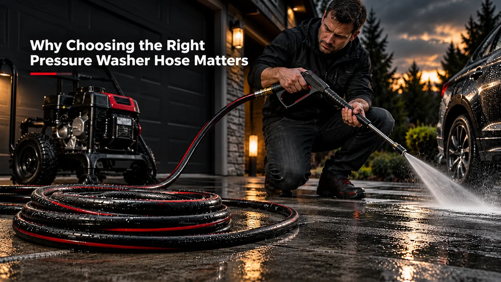 Why choosing the right pressure washer hose matters, homeowner using a pressure washer on driveway