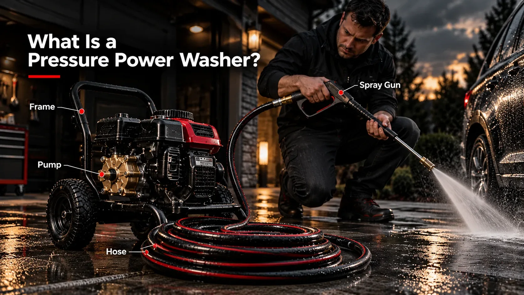 Pressure power washer with pump, hose, spray gun and frame identified