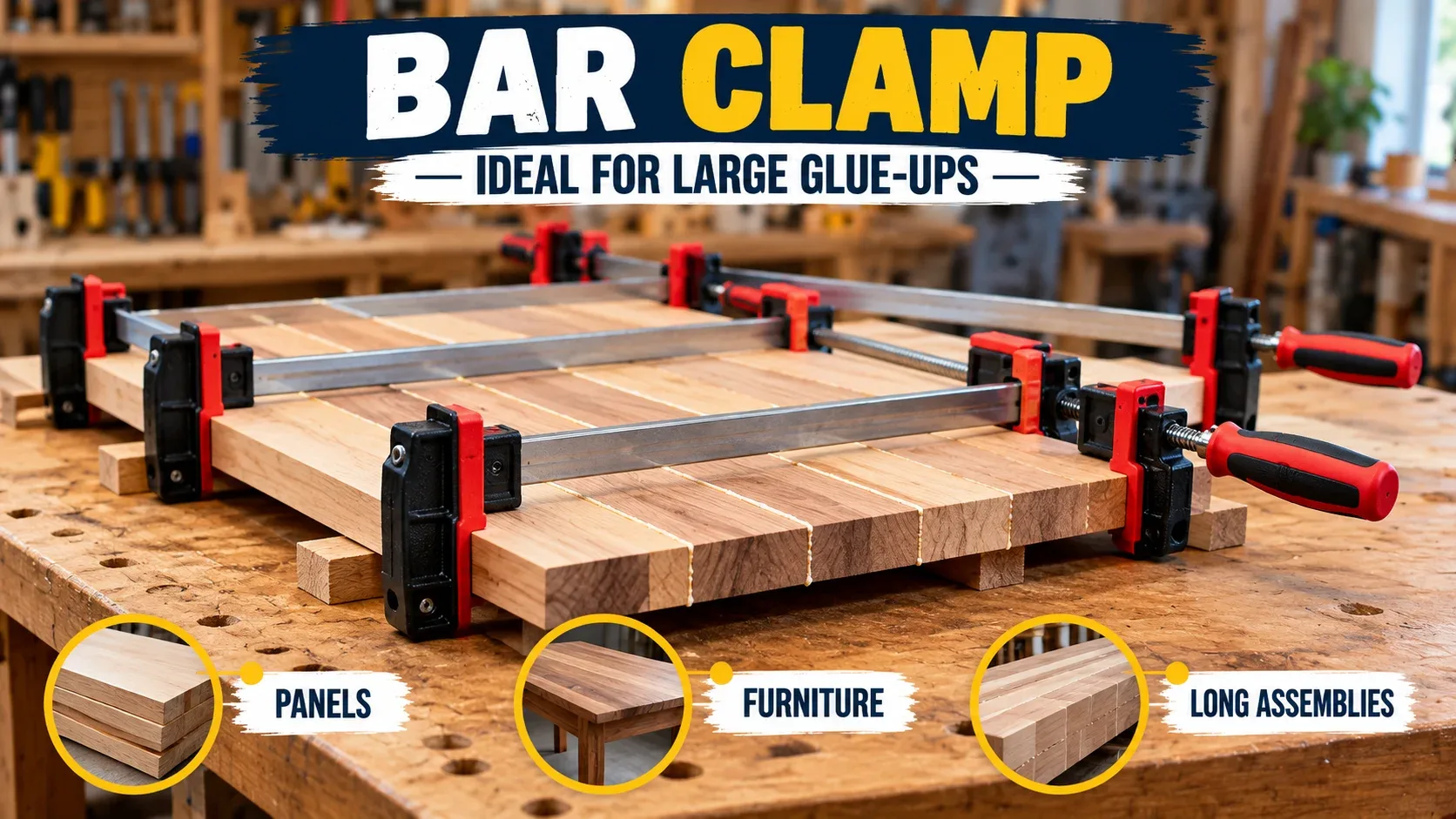Bar clamp used for large woodworking glue ups panels furniture and long assemblies