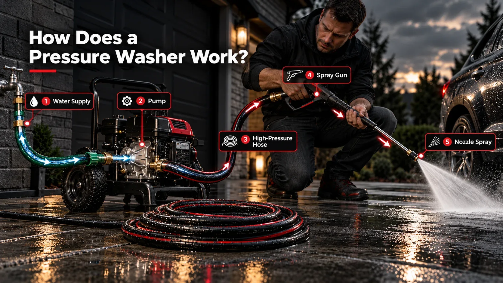Pressure washer working process showing water supply, pump, hose, spray gun and nozzle