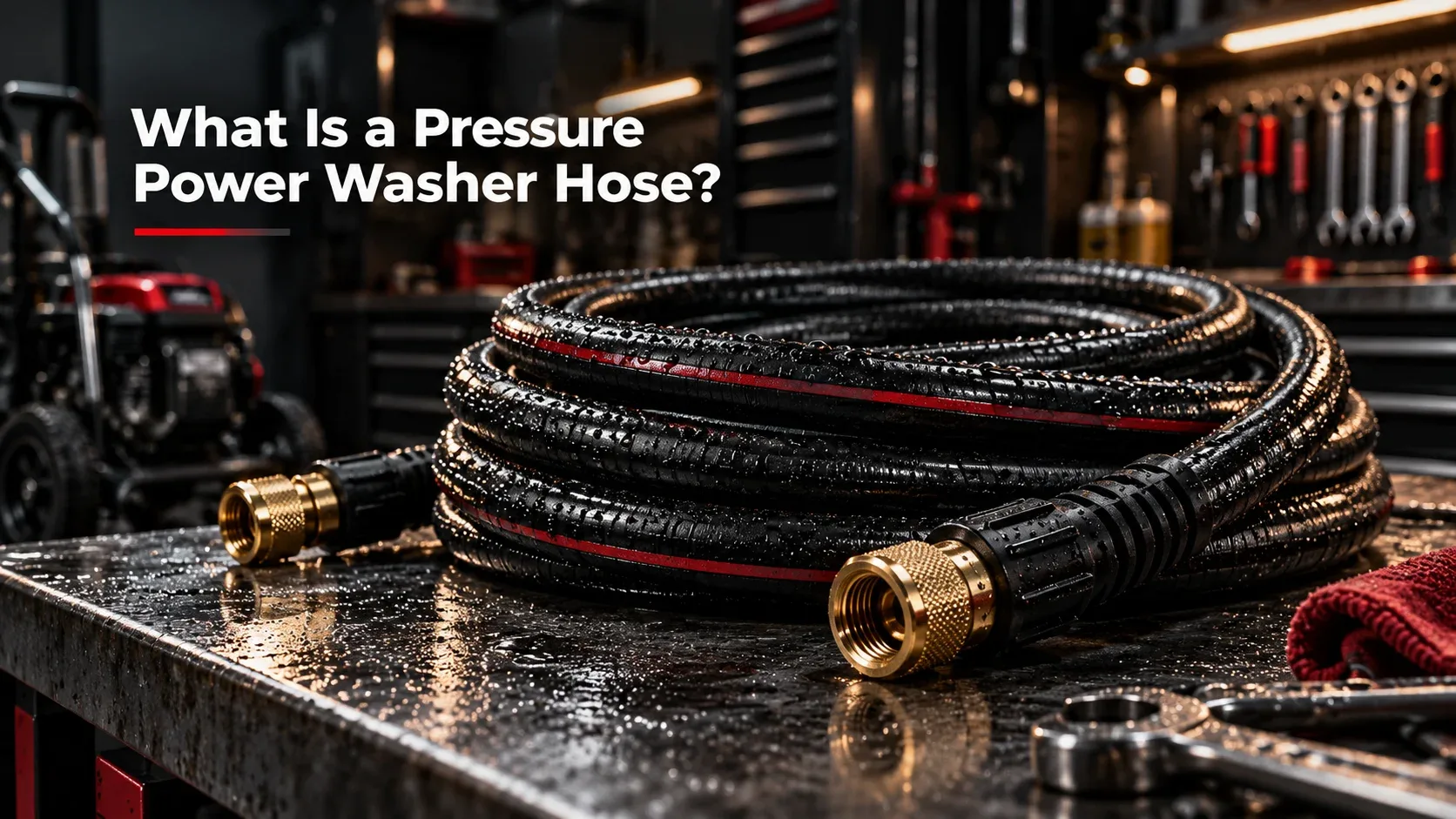 High-pressure power washer hose with brass connections on workshop bench