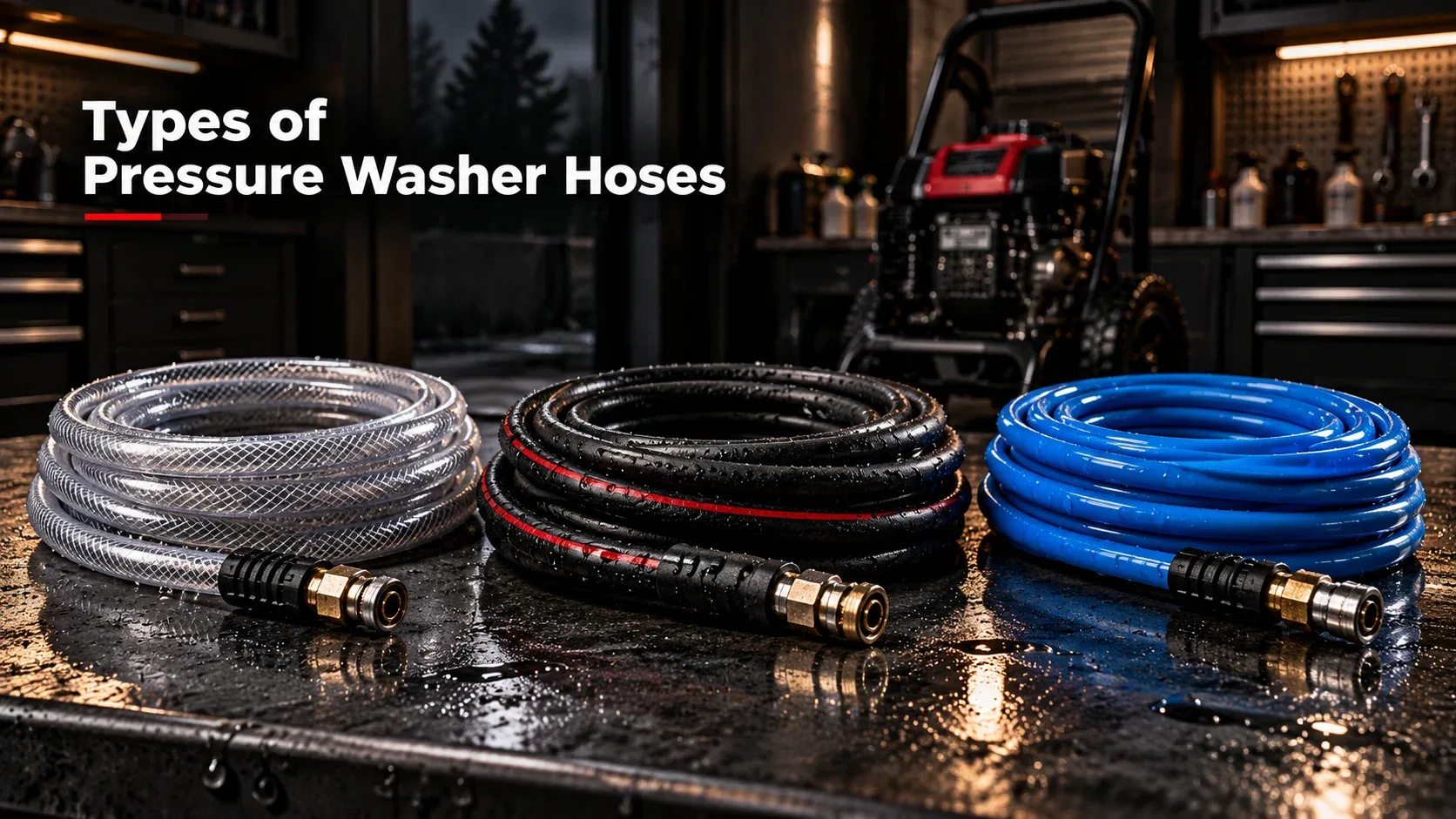 Types of pressure washer hoses displayed for comparison