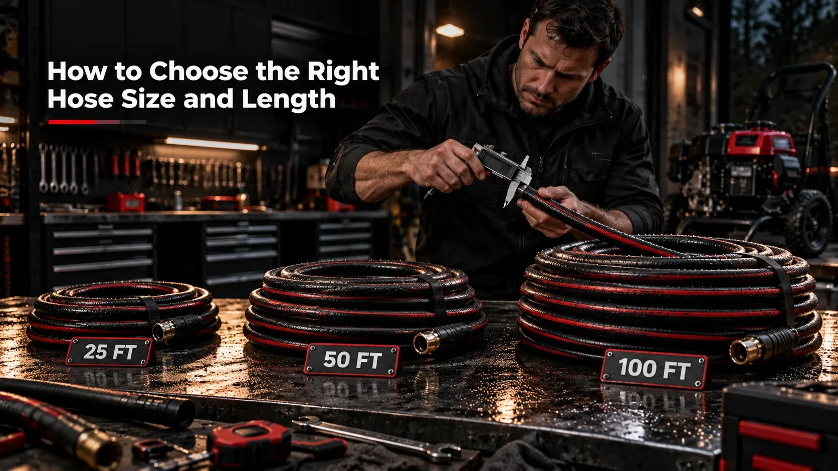 Choosing pressure washer hose size and length, with 25, 50 and 100 foot examples