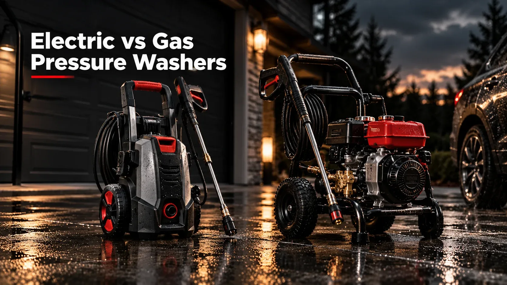 Electric and gas pressure washers shown side by side