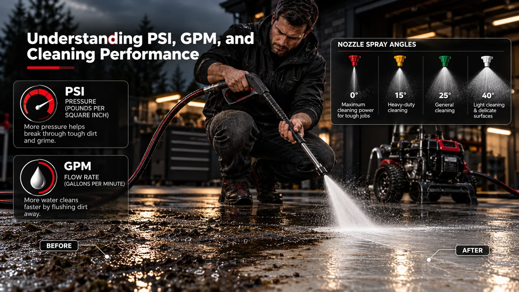 Pressure washer PSI, GPM and nozzle spray angles explained