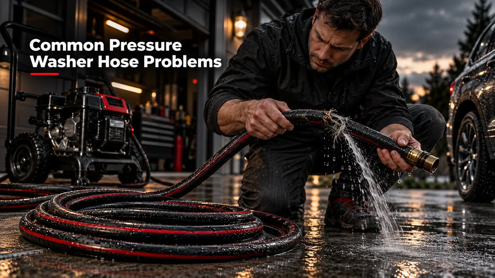 Damaged pressure washer hose with water leak and frayed reinforcement