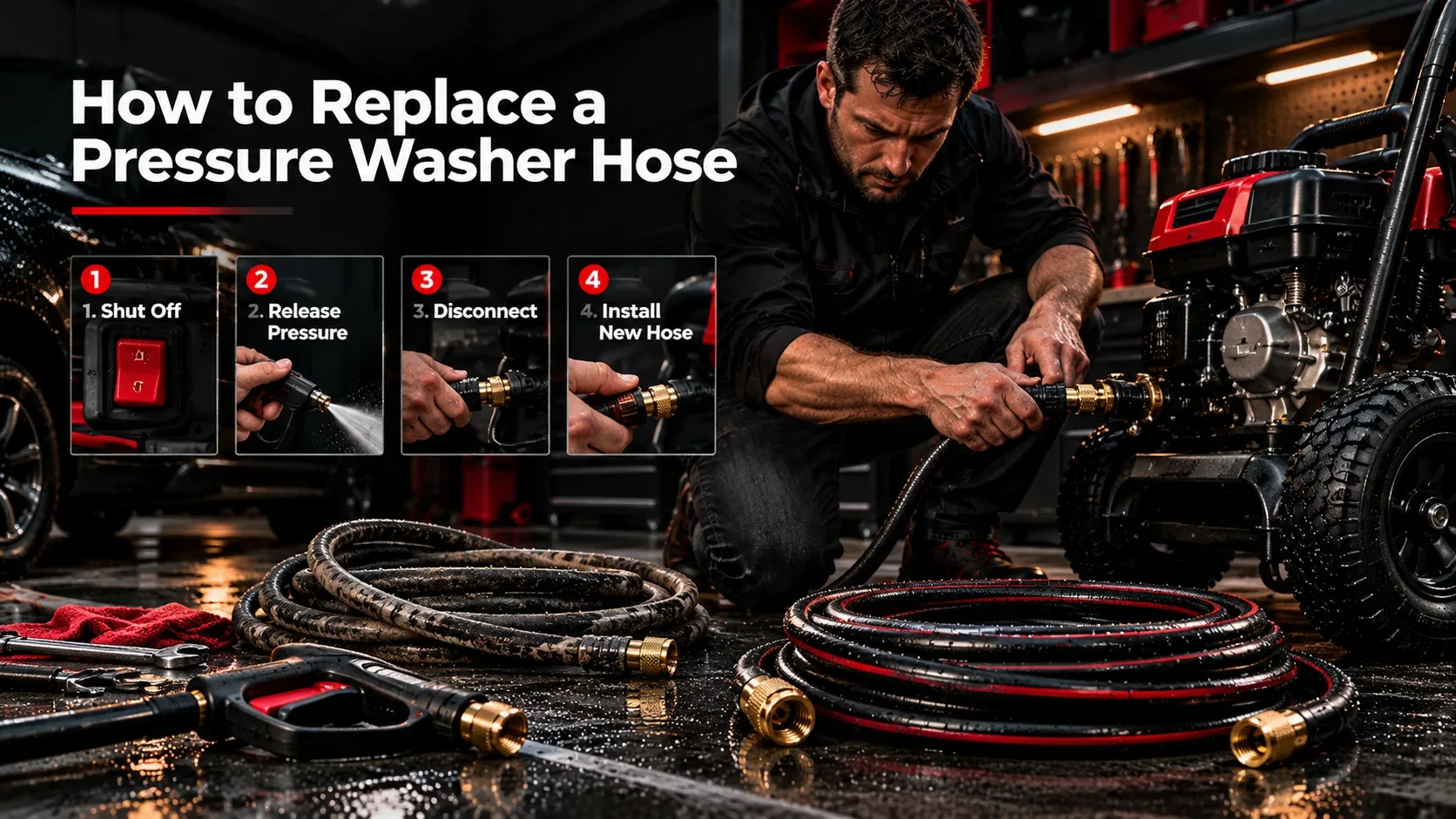 Technician replacing a pressure washer hose with a step-by-step replacement guide