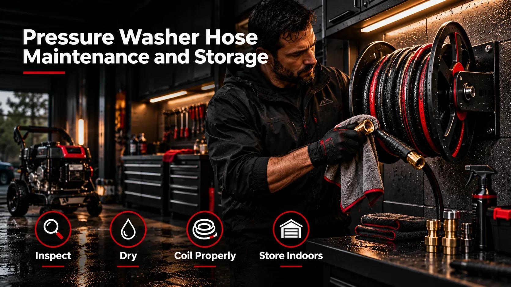 Pressure washer hose maintenance and storage with properly coiled hose on a wall reel