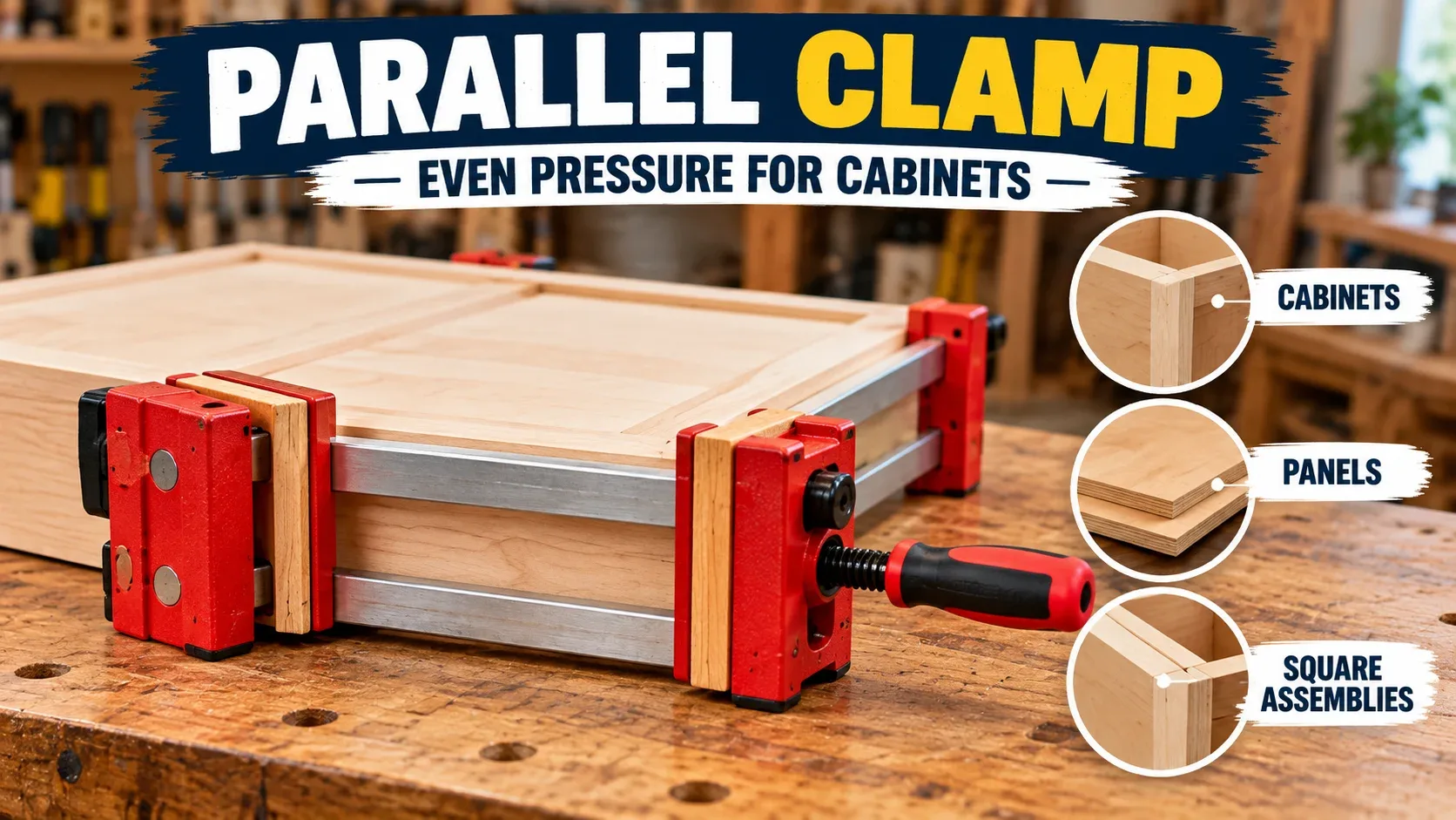 Parallel clamp applying even pressure to cabinets panels and square woodworking assemblies