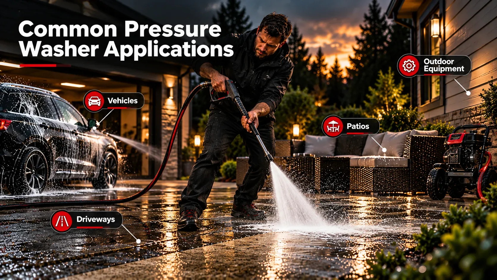 Pressure washer applications including driveways, vehicles, patios, and outdoor equipment