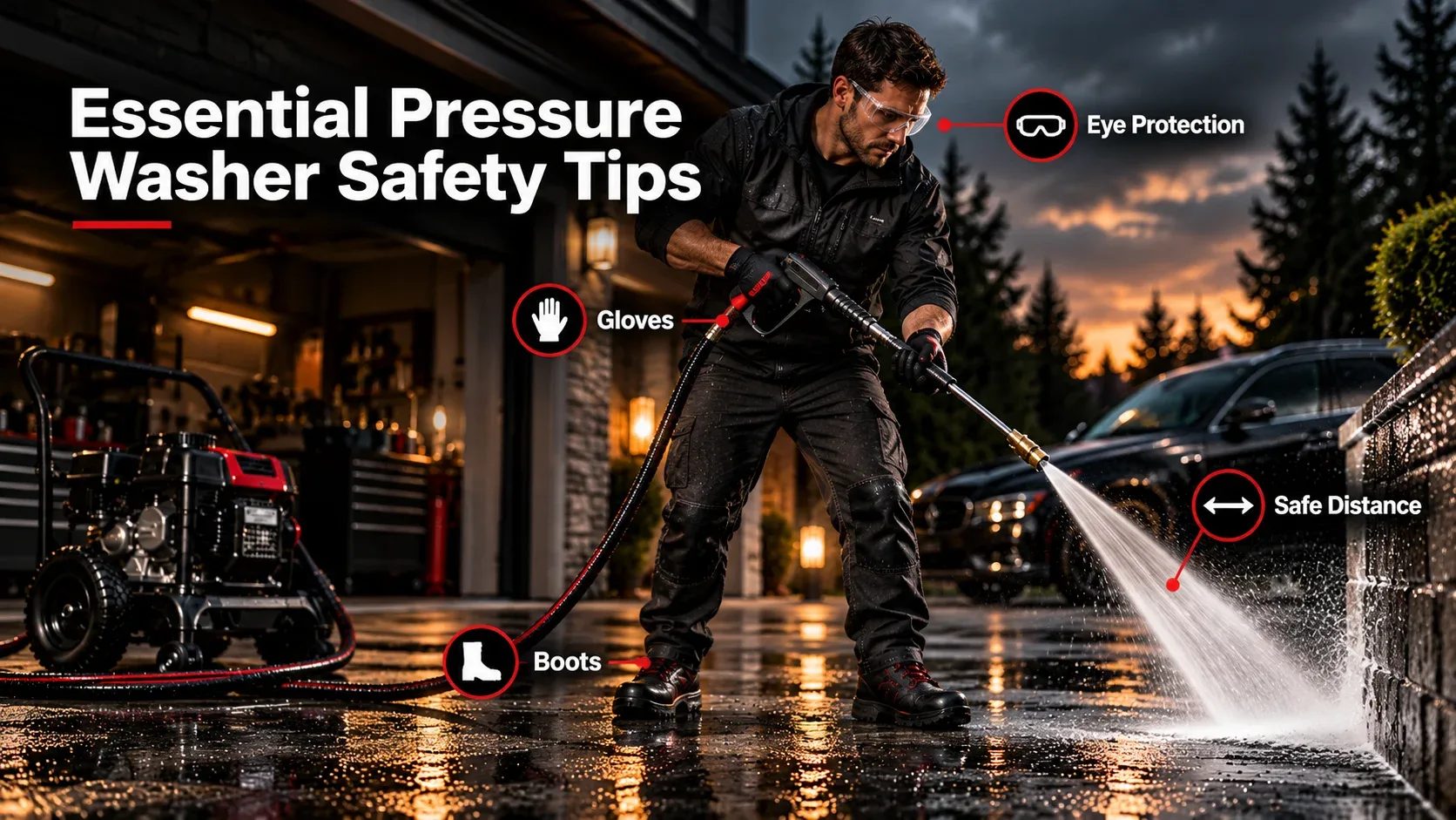 Pressure washer safety tips showing eye protection, gloves, boots, and safe spraying distance