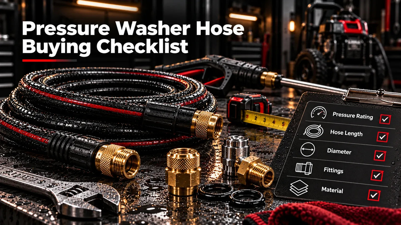 Pressure washer hose buying checklist with hose, fittings, and specification checklist