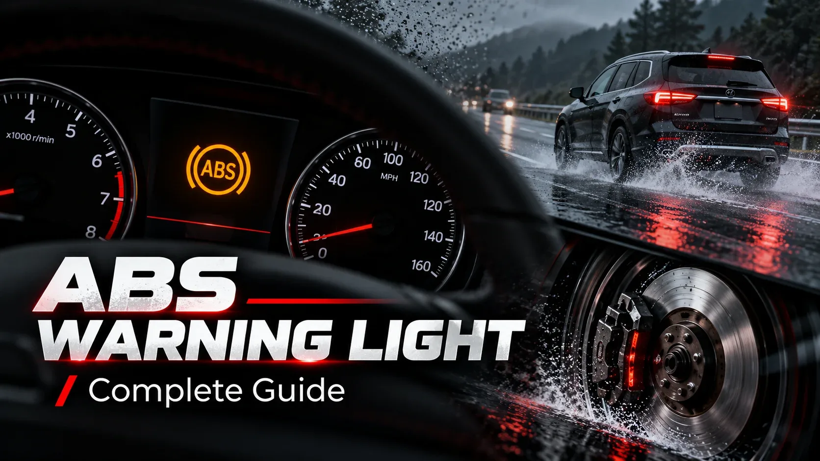 Anti lock ABS light glowing on the dashboard during a rainy morning drive