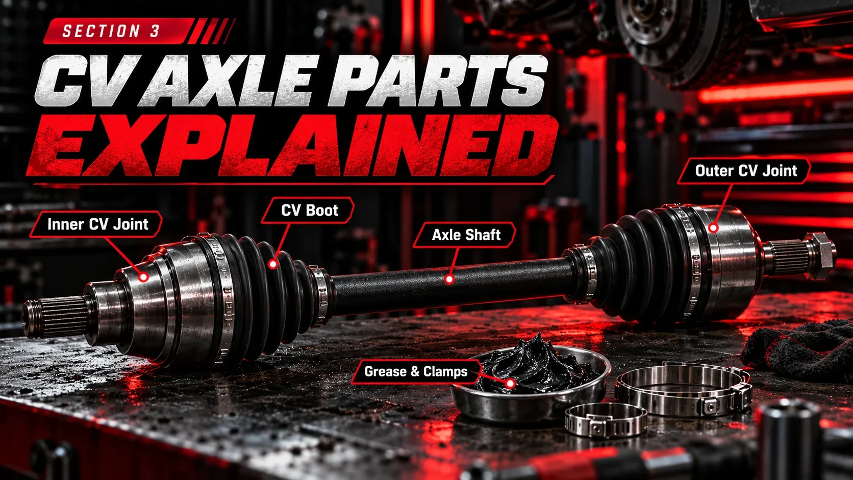CV axle parts explained with inner joint, outer joint, shaft and boot