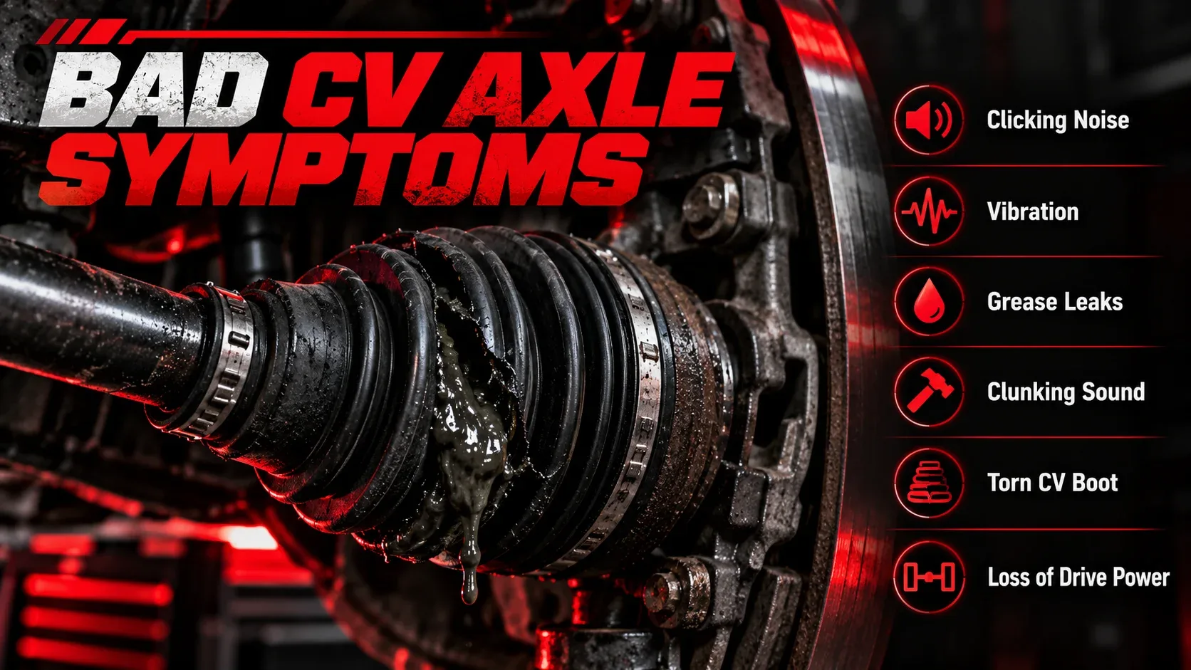 Bad CV axle symptoms including grease leaks and torn rubber boot
