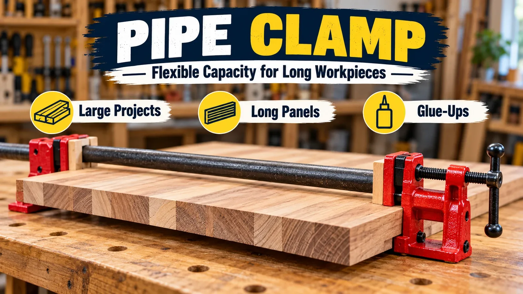 Pipe clamp used for long workpieces large projects panels and woodworking glue ups